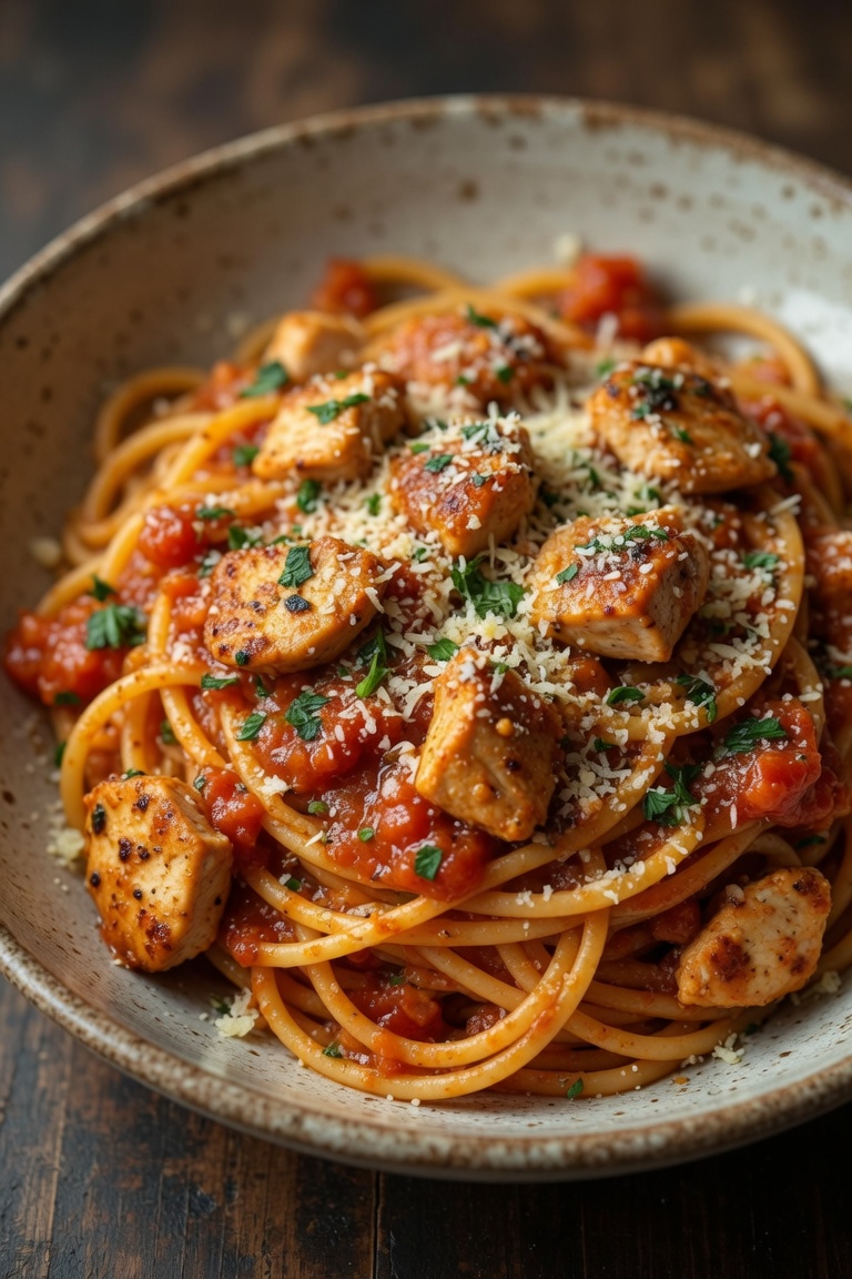 Hähnchen-Tomaten-Parmesan-Soße mit Spaghetti