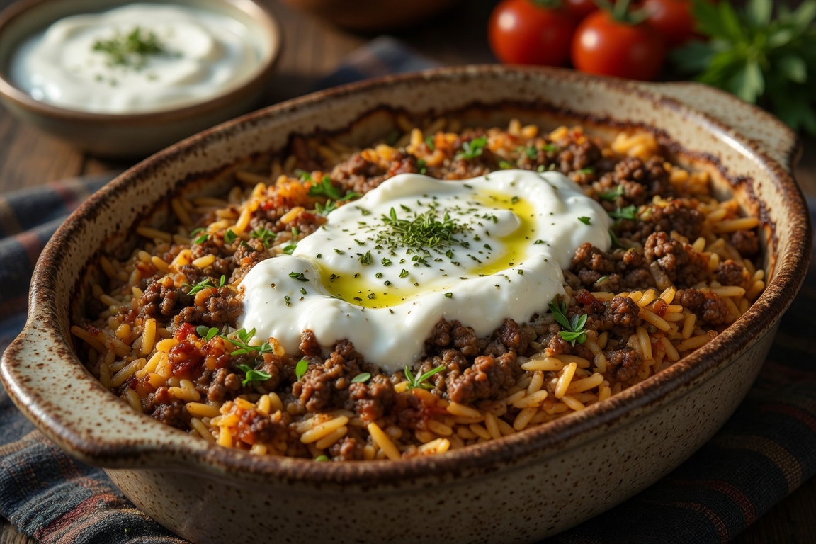Griechischer Kritharaki-Auflauf mit Joghurt-Topping