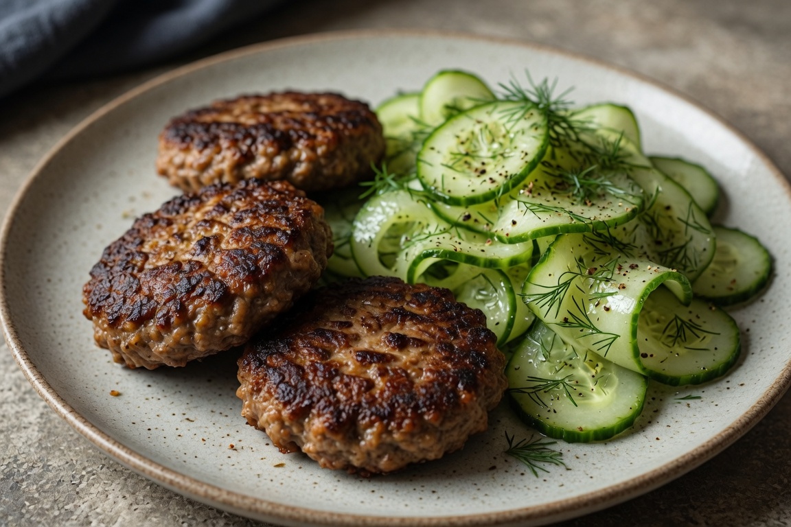 Rindfleisch-Frikadellen mit Gurken-Dillsalat