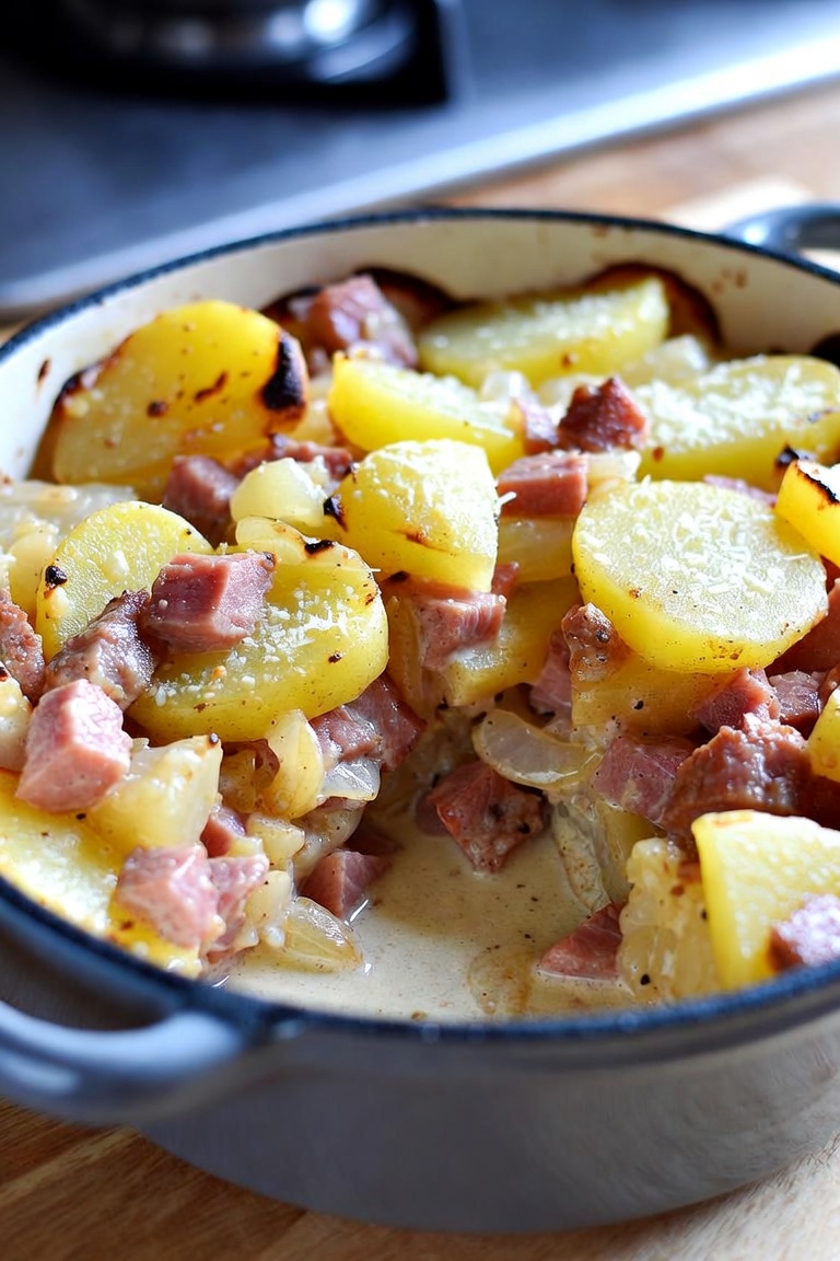 Kartoffel-Kohlrabi-Auflauf mit gekochtem Schinken