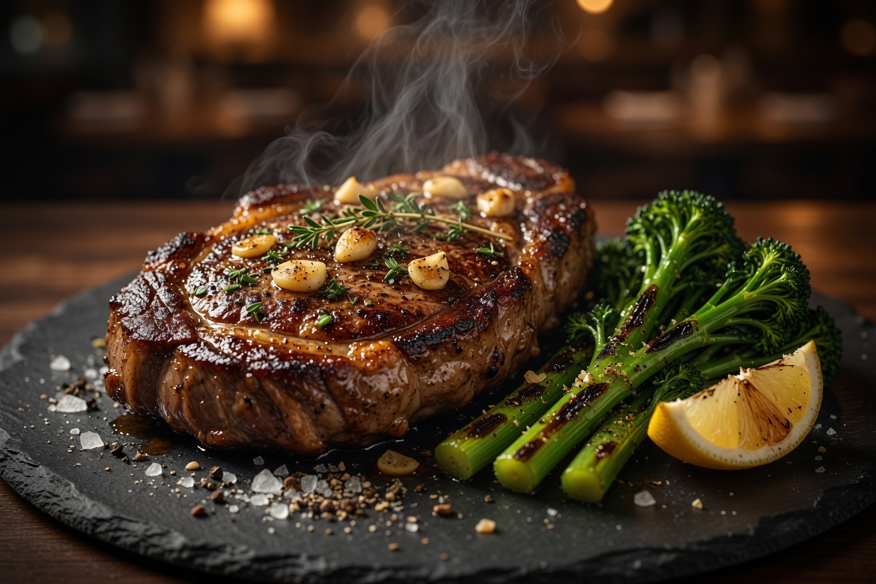 Rib-Eye-Steaks mit Knoblauchkruste und gegrilltem Brokkolini