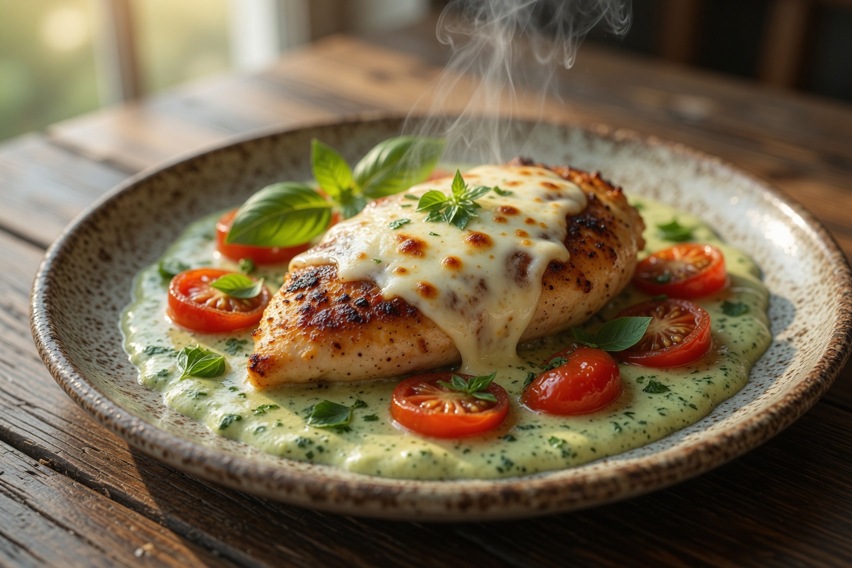 Mozzarella-Hähnchen in Basilikum-Sahnesauce