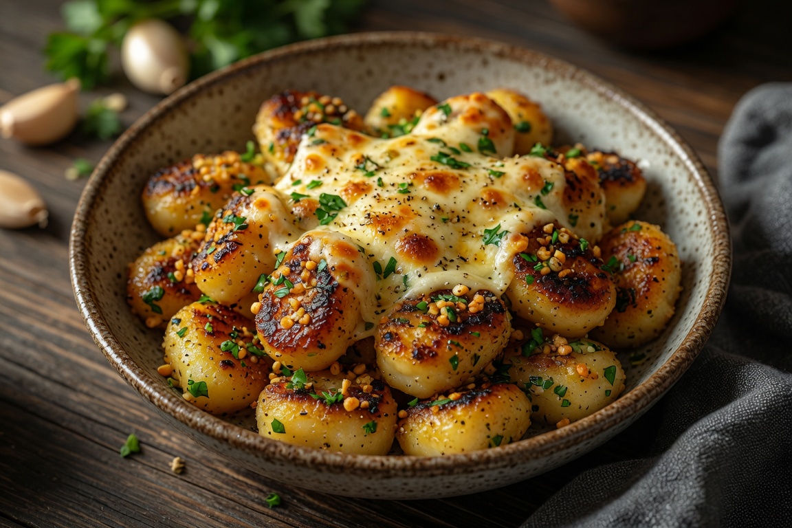 Knusprige Knoblauch-Gnocchi mit Käse-Topping